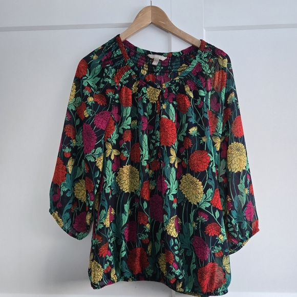 Banana Republic Tops - Banana Republic Smocked Floral Butterfly Womens Large Button Blouse Top